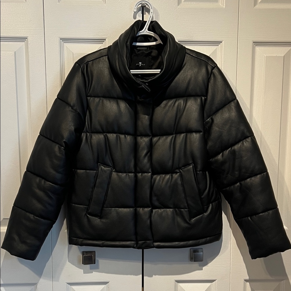 7 for All Mankind Black Vegan Leather Cropped Puffer Jacket Size S